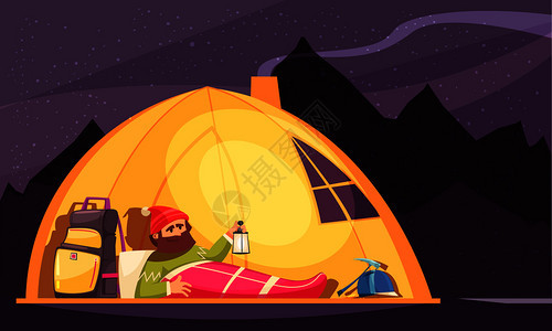 登山卡通与登山运动员睡袋,灯笼帐篷夜间矢量插图登山运动员帐篷卡通图片