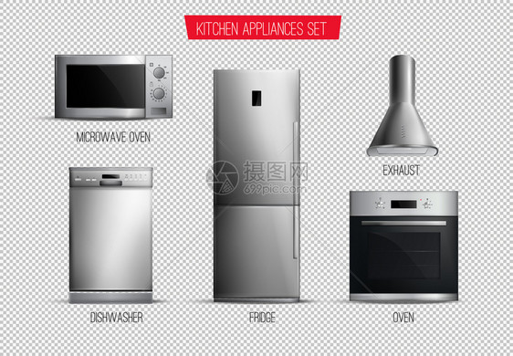 套现实的当代厨房电器正视图隔离透明的背景矢量插图上图片
