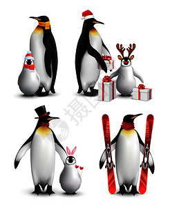 国王企鹅与小鸡4趣的冬季活动,现实的构图与礼物高山滑雪板矢量插图背景图片