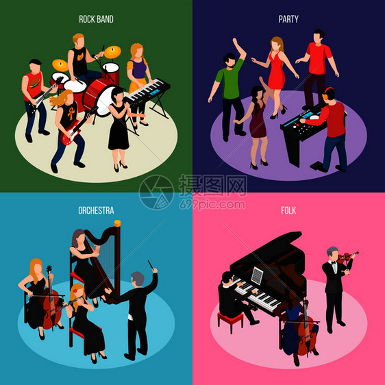 音乐家等距与滚乐队管弦乐队民间音乐舞蹈晚会矢量插图图片