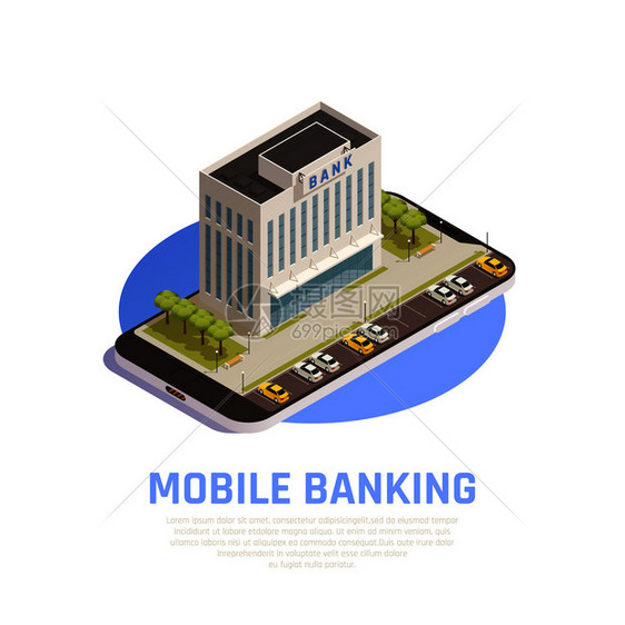 网上银行服务等距符号成与金融总部大厦移动屏幕矢量插图图片