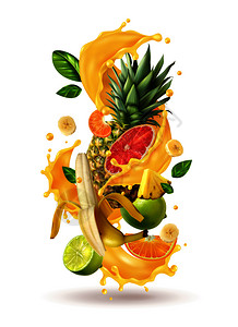 空白背景矢量插图上,用喷雾图像成熟的热带水果绘制逼真的ftuiys果汁飞溅合物图片