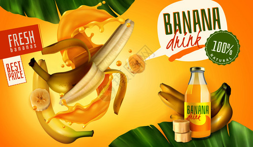 现实的香蕉汁包装广告海报与思想气泡可编辑的文本与水果树叶矢量插图图片