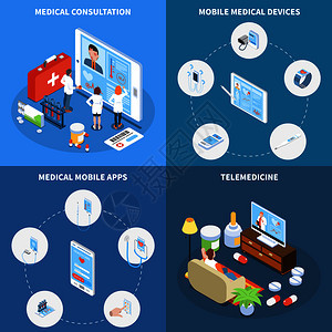 远程医疗等距与线咨询医疗移动应用程序设备隔离矢量插图图片