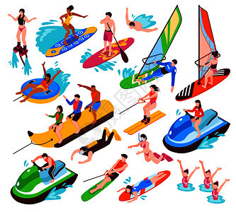 等距夏季水上活动娱乐活动,如香蕉船冲浪帆板,喷气式滑雪板,孤立矢量插图图片