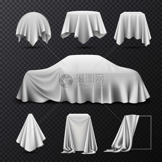 白色丝布覆盖物体,逼真的与悬垂车挂餐巾桌布窗帘透明矢量插图图片
