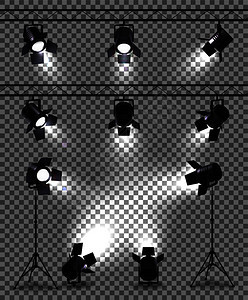 聚光灯透明背景上的真实图像与金属车身点灯安装设备矢量插图图片