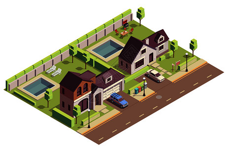 郊区建筑等距成与室外景观的两个居民区与别墅住宅庭院矢量插图图片