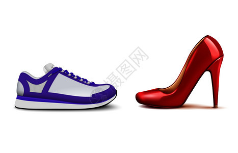 运动鞋与高跟鞋的现实构图出越来越受欢迎的女舒适休闲鞋类矢量插图图片