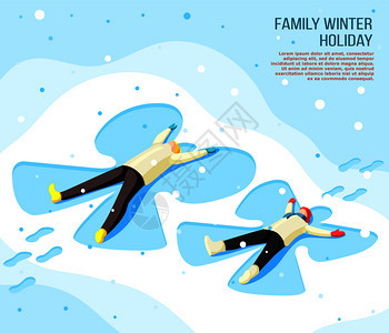 家庭父子寒假期间雪地上画蝴蝶等距背景矢量插图图片