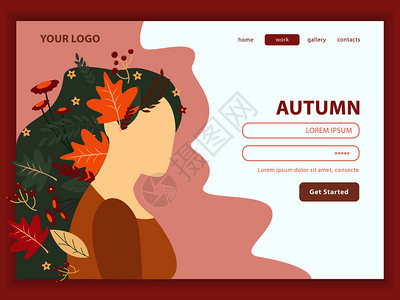 秋季自然女孩与花叶子头发登陆页与用户帐户界矢量插图图片