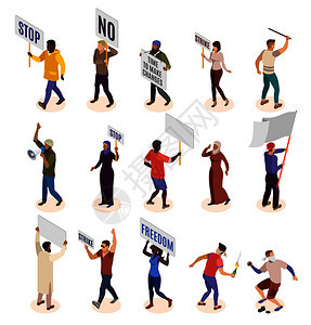 活动家等距图标集的人参与政治罢工矢量插图图片