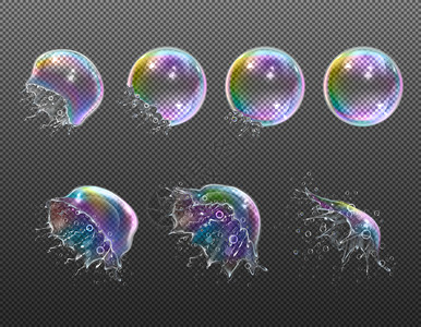 真实的圆形肥皂泡的爆炸阶段,透明的背景隔离矢量插图上飞溅插画