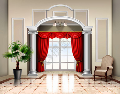 写实的室内经典风格与希腊柱,法国窗口豪华红色窗帘矢量插图图片