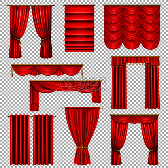 套逼真的豪华红色窗帘透明背景隔离矢量插图图片
