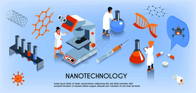 彩色等距纳米技术水平成与科学家工作实验室矢量插图背景图片