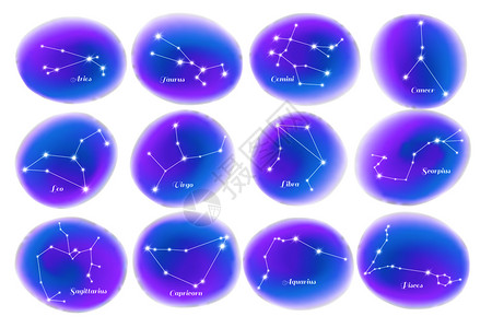 占星术星座12个彩色恒星星座图表元素与癌症蝎子座孤立矢量插图图片