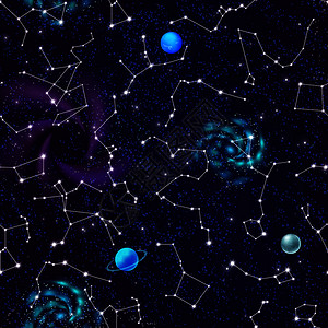 生肖星座螺旋星系行星夜空深蓝色背景无缝图案矢量插图图片