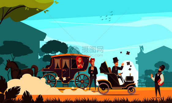 人类人物旧地运输马车古代汽车上的内燃机卡通矢量插图图片