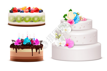 逼真的生日婚礼节日蛋糕由奶油花装饰,点燃蜡烛新鲜水果矢量插图图片