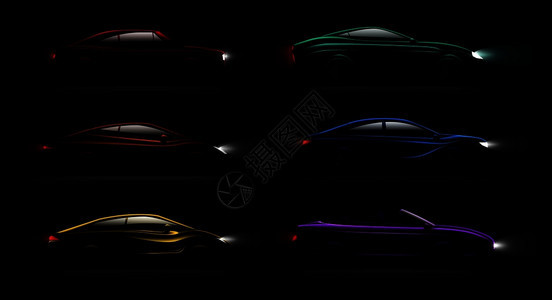 灯光汽车黑暗中,现实的6豪华迷人的金属反射颜色,汽车灯点燃矢量插图图片