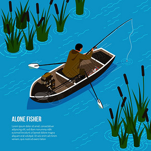 单独的费舍尔与杆蓝色的水背景与芦苇等距矢量插图图片