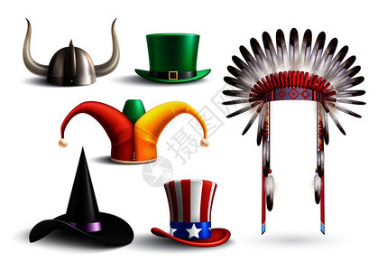 彩色的传统帽子,为假日伪装白色背景现实矢量插图图片