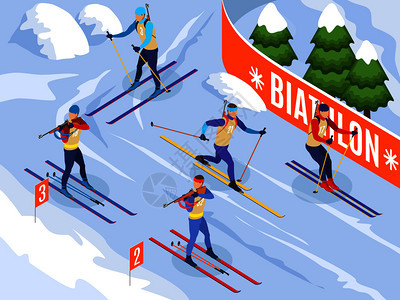 冬季运动等距背景说明运动员滑雪参加双项比赛矢量插图图片
