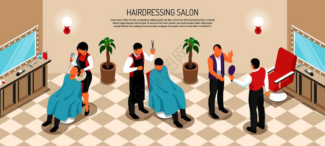 理发店内部元素,美发师客户的男沙龙等距水平矢量插图图片
