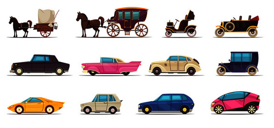 古老现代的地运输图标,包括各种汽车马车的孤立矢量插图图片