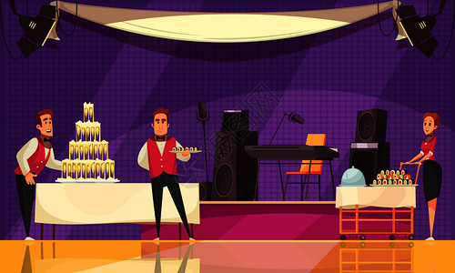 紫色背景卡通矢量插图的宴会准备期间,餐厅咖啡馆的服务人员图片