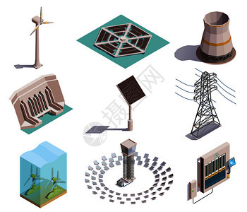 绿色能源生产等距图标与风潮发电机太阳能电站水电站矢量插图图片