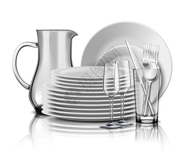 干净的餐具逼真的理念与堆叠的白色盘子,璃罐酒杯矢量插图图片