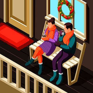舒适的冬季诞节背景,轻夫妇坐阳台上,用热饮等距矢量插图热身图片