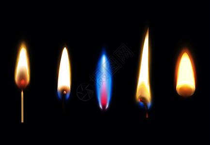 真实的燃烧火焰的火柴,蜡烛打火机隔离黑色背景矢量插图图片