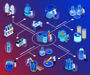 净水等距流程图与滤水瓶的经验净化描述矢量插图背景图片