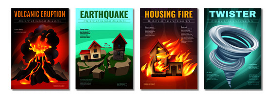 自然灾害4彩色海报地震房屋火灾龙卷风龙卷风火山爆发孤立矢量插图图片