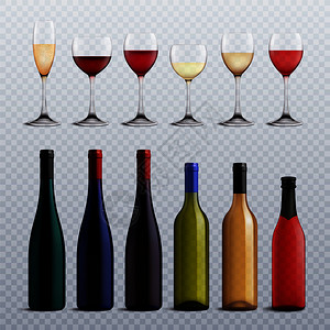 酒瓶璃杯装满同品种的葡萄酒,透明的背景下真实地矢量插图图片