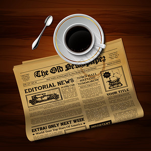 古老的晨报与杯黑咖啡经典仪式,现实的顶部视图,复古图像矢量插图旧报纸的老式形象背景图片