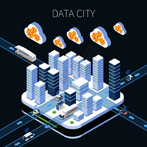 数据城市等距成与云服务服务器基础设施信息传输的黑暗背景矢量插图数据城市等距成背景图片