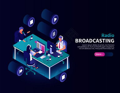 无线电广播颜色背景与播音员新闻播音员工作场所等距矢量插图图片