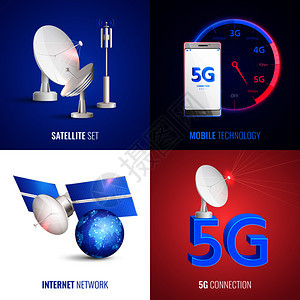 未来主义移动技术2x2理念与卫星集互联网网络5g连接方形图标现实矢量插图服务高清图片素材