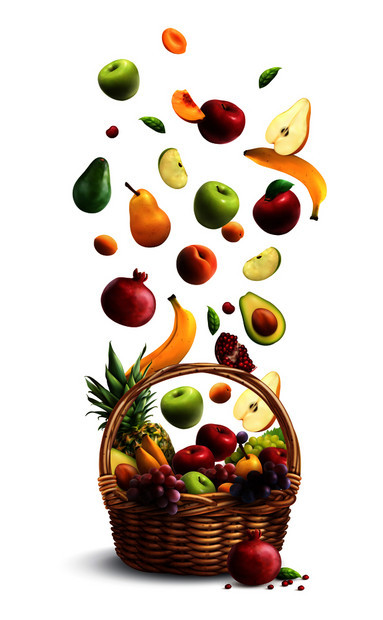 成熟的水果落传统的柳条篮与手柄现实的构图与梨香蕉苹果矢量插图坠落的水果篮现实图片