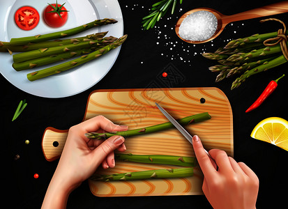 健康烹饪现实的顶部视图与手切芦笋海盐西红柿柠檬黑色背景矢量插图图片