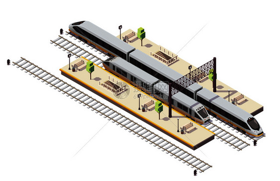 火车站等距成与客运平台,楼梯,隧道,入口,轨道巴士高速列车矢量插图图片