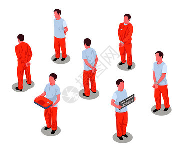囚犯罪犯逮捕被监禁的人男人物监狱被拘留者制服等距矢量插图图片
