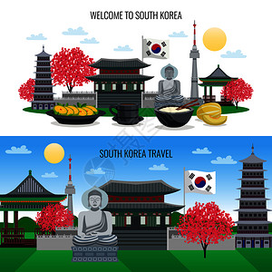 两个水平的韩国旅游横幅与涂鸦风格的观光场所图像,建筑矢量插图图片