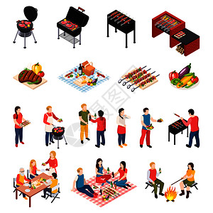 独特的烧烤烧烤野餐图标与人民餐桌野餐烧烤设备矢量插图图片