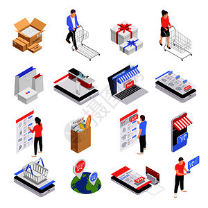 移动购物图标电子商务符号等距孤立矢量插图图片