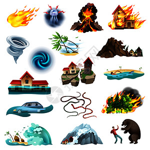 多彩图标自然灾害生命威胁情境彩色图标收集与龙卷风森林火灾洪水蛇矢量插图插画